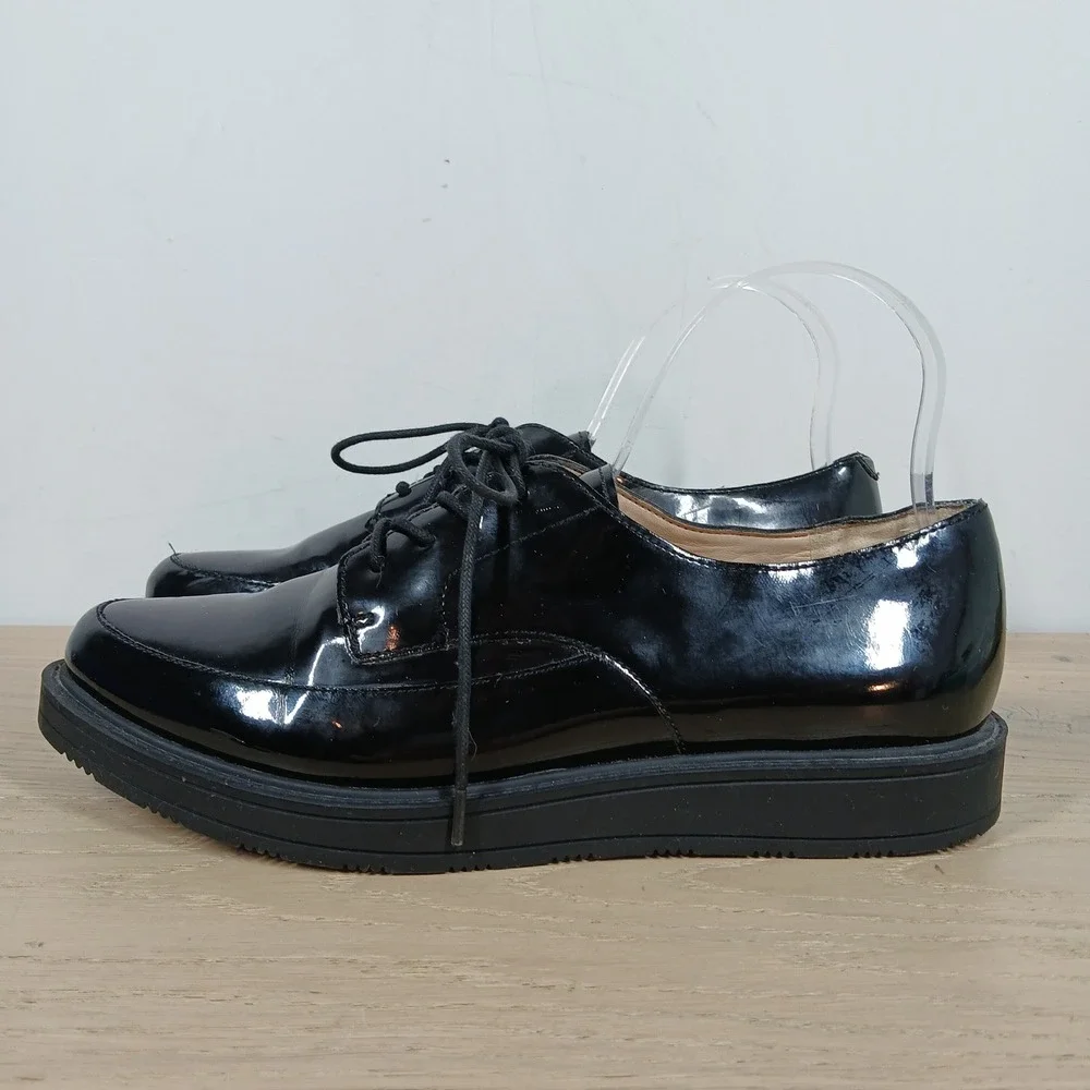 Nine West Barbieri Loafers Womens 9.5M Black Patent Platform Lace Up
